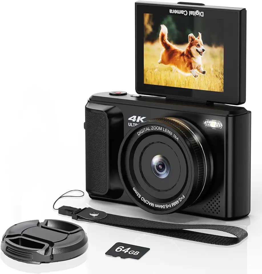 ARNSSIEN Câmera digital 4K com tela flip de 2,8 polegadas 180° - Canera compacta, câmera fotográfica, design fácil de carregar, cartão de 64 GB para viagens, zoom de 16x, bateria embutida de 1500 mAh