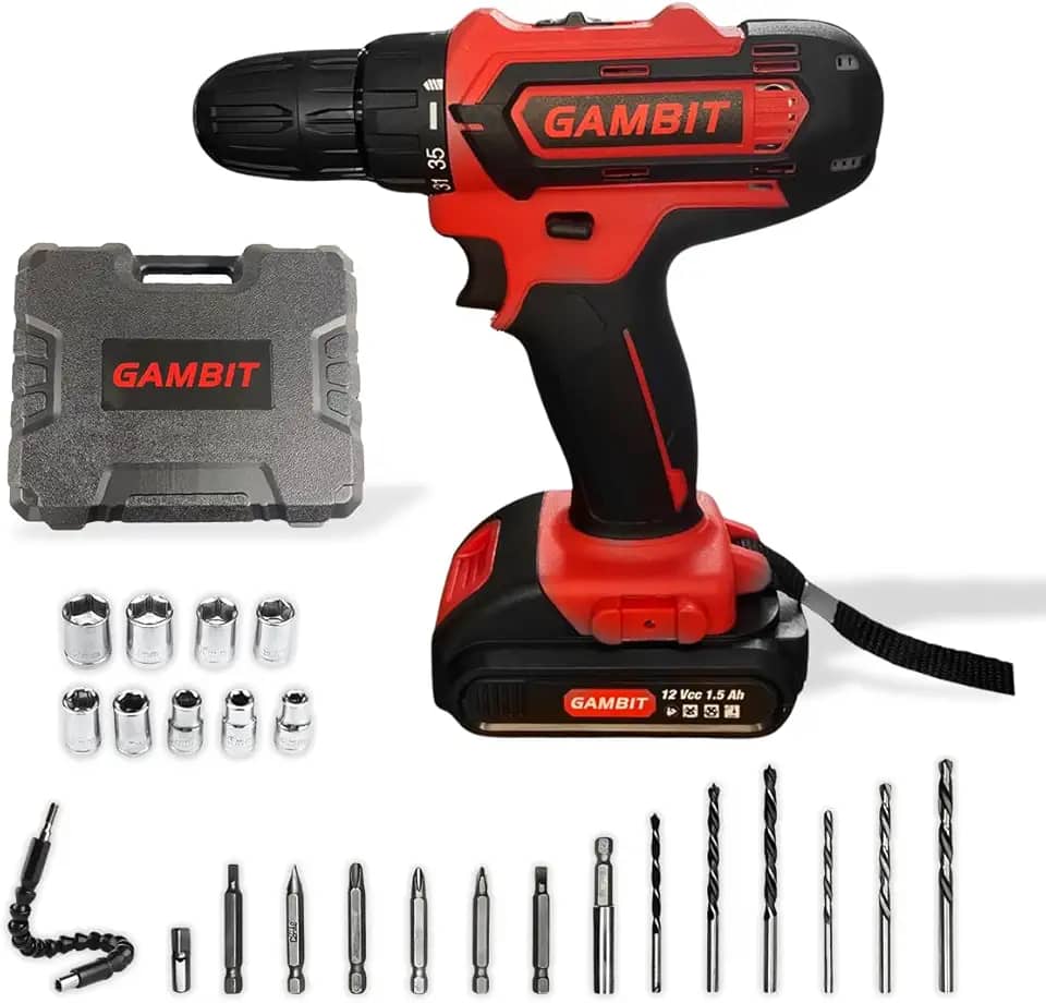 Furadeira e Parafusadeira Gambit Sem Fio 12V, 35 Nm de Torque, Profissional, Maleta, Bivolt, Reversível