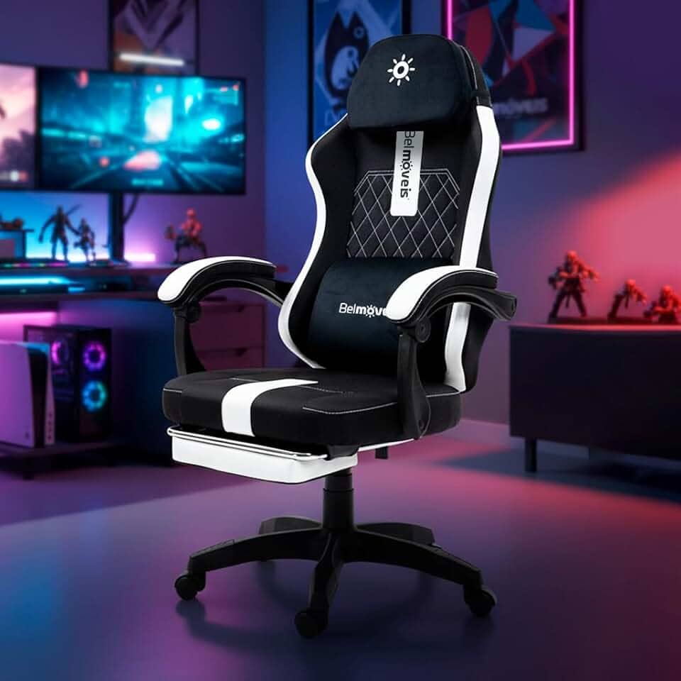 Cadeira Gamer Escritório Tecido Respirável Black Reclinável Apoio De Pé Função Massagem Bmg1 Belmóveis