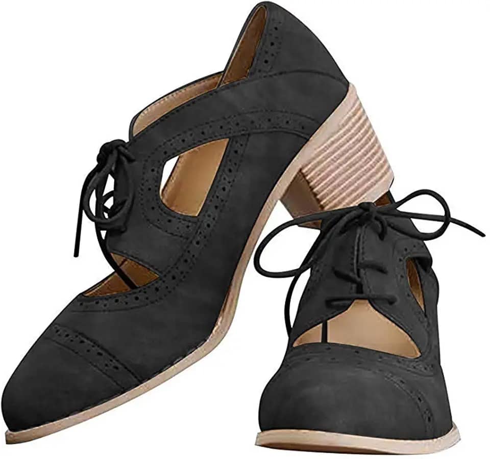 Sapatos Oxford femininos de salto grosso, couro brogue, com cadarço, vintage, botas de cano curto, Preto, 37