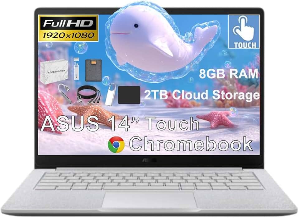 ASUS Chromebook para estudantes com tela sensível ao toque FHD de 14 polegadas, Intel Celeron N4500 (> i3-1115G4), 8 GB de RAM, armazenamento na nuvem de 2 TB, armazenamento de 192 GB (128 GB eMMC +