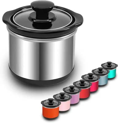 cupsync Mini Panela Elétrica De Cozimento Lento, Capacidade De 0,65 Qt, Panela De Cerâmica, Redução De Perda De Nutrientes, Para Molhos, Ensopados E Molhos, Exterior De Aço Inoxidável, Redonda