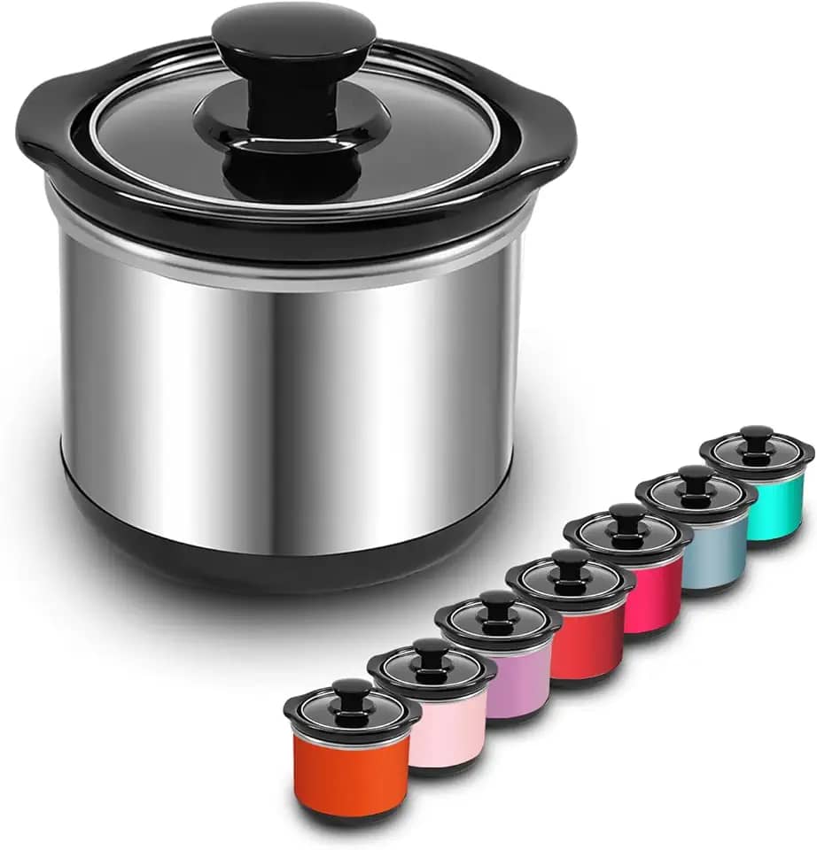 cupsync Mini Panela Elétrica De Cozimento Lento, Capacidade De 0,65 Qt, Panela De Cerâmica, Redução De Perda De Nutrientes, Para Molhos, Ensopados E Molhos, Exterior De Aço Inoxidável, Redonda