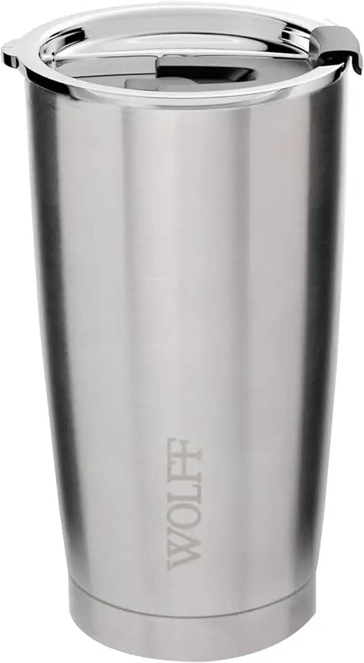 WOLFF - Copo Térmico de Aço Inox Parede Dupla Com Tampa 600ml Prata - Para Viagem - Mantém a Bebida na Temperatura Ideal