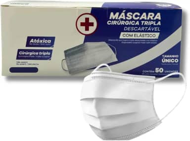 Máscara Descartável Tripla com Elástico – Branca | Pacote com 50 Unidades | Uso Profissional e Diário | 3 Camadas TNT com Clipe Nasal | Proteção e Conforto Respiratório