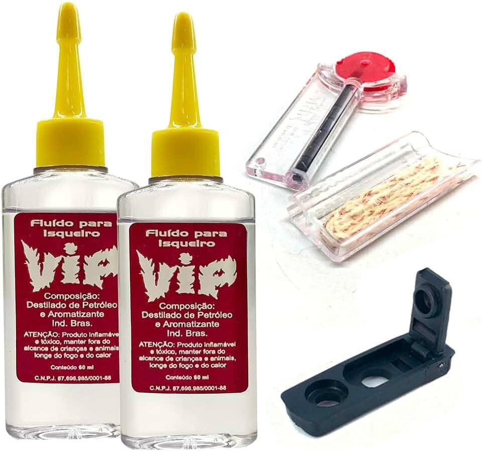 2 Fluído Vip 60ml cada + Pedra (6), Pavio (10cm) e Vedação (1) kit para Isqueiros recarregável classicos, tipo flip