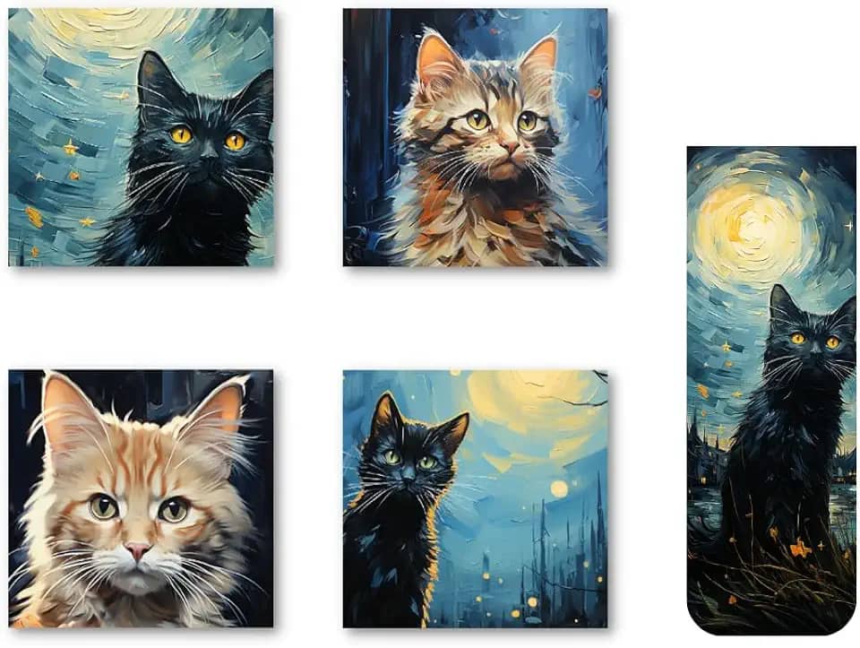 4 Ímãs de geladeira + 1 Marcador magnético, 4 peças de desenho fofo Van Gogh Plastificados de gatos ímãs de geladeira Van Gogh imã de geladeira acessório de decoração de geladeira