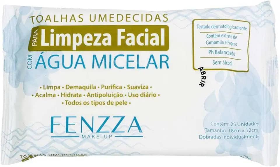 Toalhas Umedecidas Água Micelar Fenzza - Demaquilante Limpeza Profunda Sem Resíduos Oleosos - 25 Unidades - Prático Para Viagem