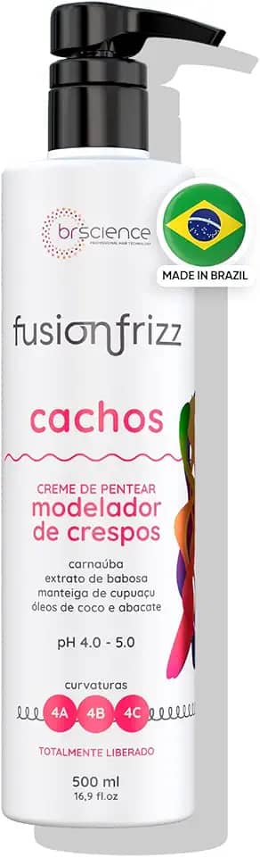 Creme para Cachos Pentear Crespos Fusionfrizz Brscience 500ml – Nutrição com Babosa, Cupuaçu, Coco e Abacate para Hidratar e Definir Cabelos Crespos Curvas 4A, 4B e 4C