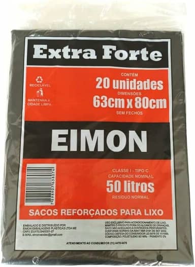 Eimon Saco para Lixo Extra Forte 50 Litros, Preto, Almofada com 20 sacos