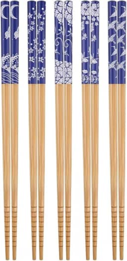 Jogo Kit de Hashi de Madeira (Palitinho Japonês) - Mosaico do Japão Azul e Branco - 5 pares