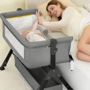 Berço 6 em 1 Portátil Moises Com Mosquiteiro De Bebê Acopla Na Cama (Cinza Escuro)