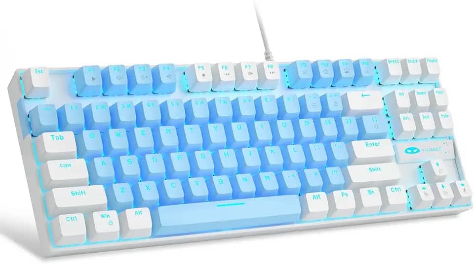 MageGee 75% Teclado mecânico para jogos com interruptor azul, teclado retroiluminado azul LED, teclado compacto TKL de 87 teclas para computador Windows Laptop PC Gamer - Azul/Branco