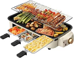 OVENTE BQR1502B - Grelha elétrica para interiores 2 em 1, sem fumo de 1500 W com placa de cozinha removível antiaderente, 3 frigideiras de queijo raclette, controlo de temperatura ajustável, adequado