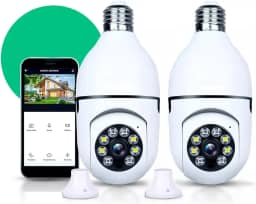 Kit 2 Câmera Segurança IP Lâmpada WiFi Inteligente Vigilancia Full HD 1080p Visão Noturna Infravermelho 1080P, Bivolt, Detecção de Movimento, Áudio Bidirecional, Prova D'água Giratória 360°