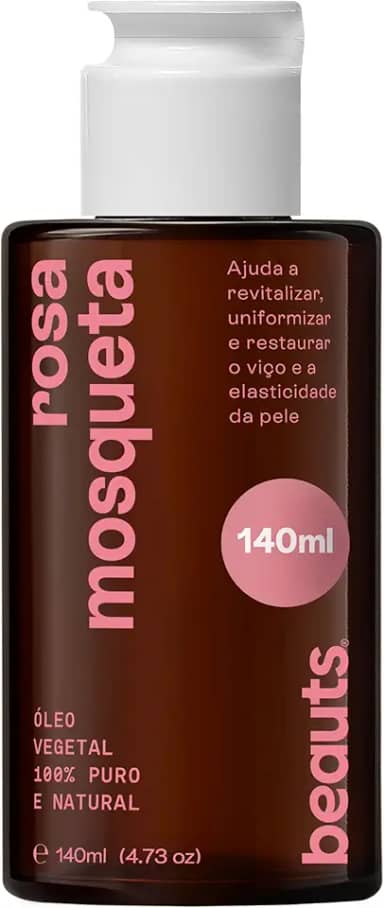 Óleo de Rosa Mosqueta - Hidratante Uniformizador Antioxidante - Para Manchas, Rugas, Estrias, Melhor Elasticidade e Viço - Uso Facial, Oleo Corporal e Cabelos - 100% Puro Natural Vegano - 140 mL Beauts