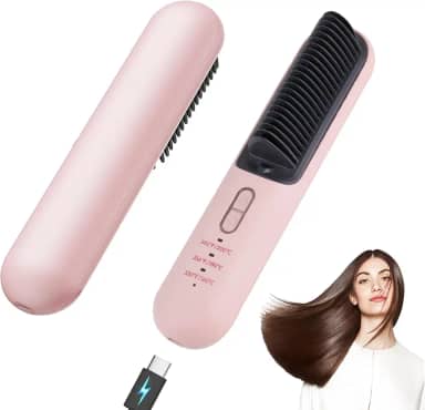 TANSHINE Escova Alisadora De Cabelo Sem Fio Para Viagem, Pente Alisador Pequeno Portátil Usb-C Mulheres, Mini Quente Recarregável, Ferramentas Modelagem Aquecidas Anti-Queimaduras, Rosa