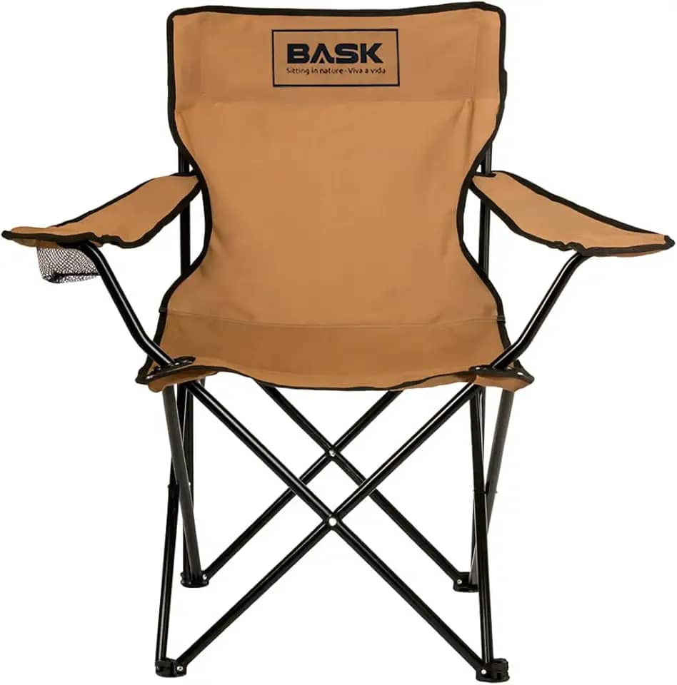 BASK Cadeira Alvorada Dobrável Portátil Reforçada com Suporte 180kg | Alça de Ombro Integrada | Porta-copo | Conforto e Espaço Ampliado para Camping, Praia e Pesca(Bege)
