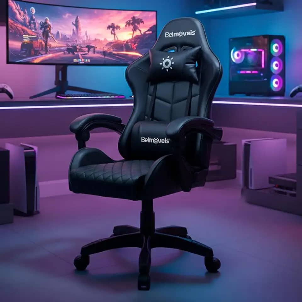 Cadeira Gamer Escritório Couro Sintético Pu Black Ergonômica Reclinável 150° Altura Ajustável Bmg4 Belmóveis