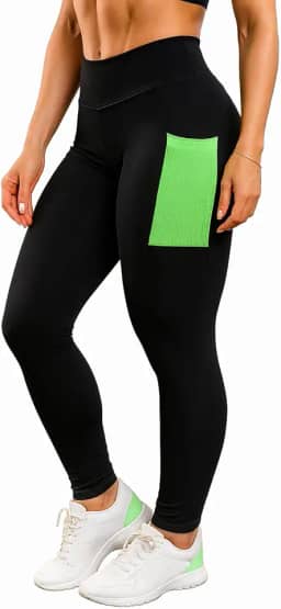 Legging Esportiva Feminina com Bolso Lateral, Alta Compressão, para Academia e Corrida Nao Fica Transparente (BR, Numérico, 38, Slim, Regular, Padrão, Preto-Verde)