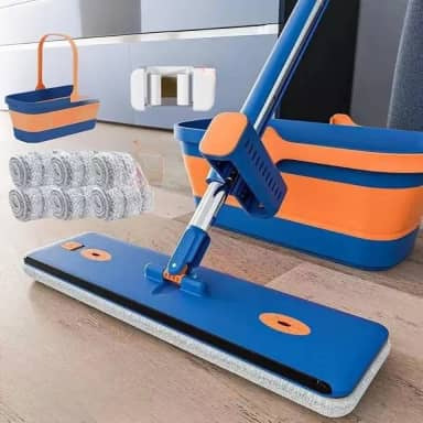 Mop Kit Profissional Flat 360° com Balde Dobrável e 6 Refis de Microfibra – Limpeza Rápida e Sem Esforço (S10)