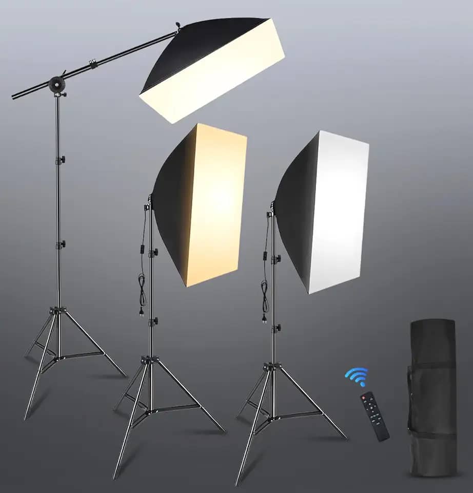 Softbox, Soft box, 110-240V, Softbox com Tripé, Kit Softbox para Iluminação Profissional, Kit de Fotografia de 3 Luzes com Função de Controlo Remoto de 5M, Luz de Três Cores Regulável