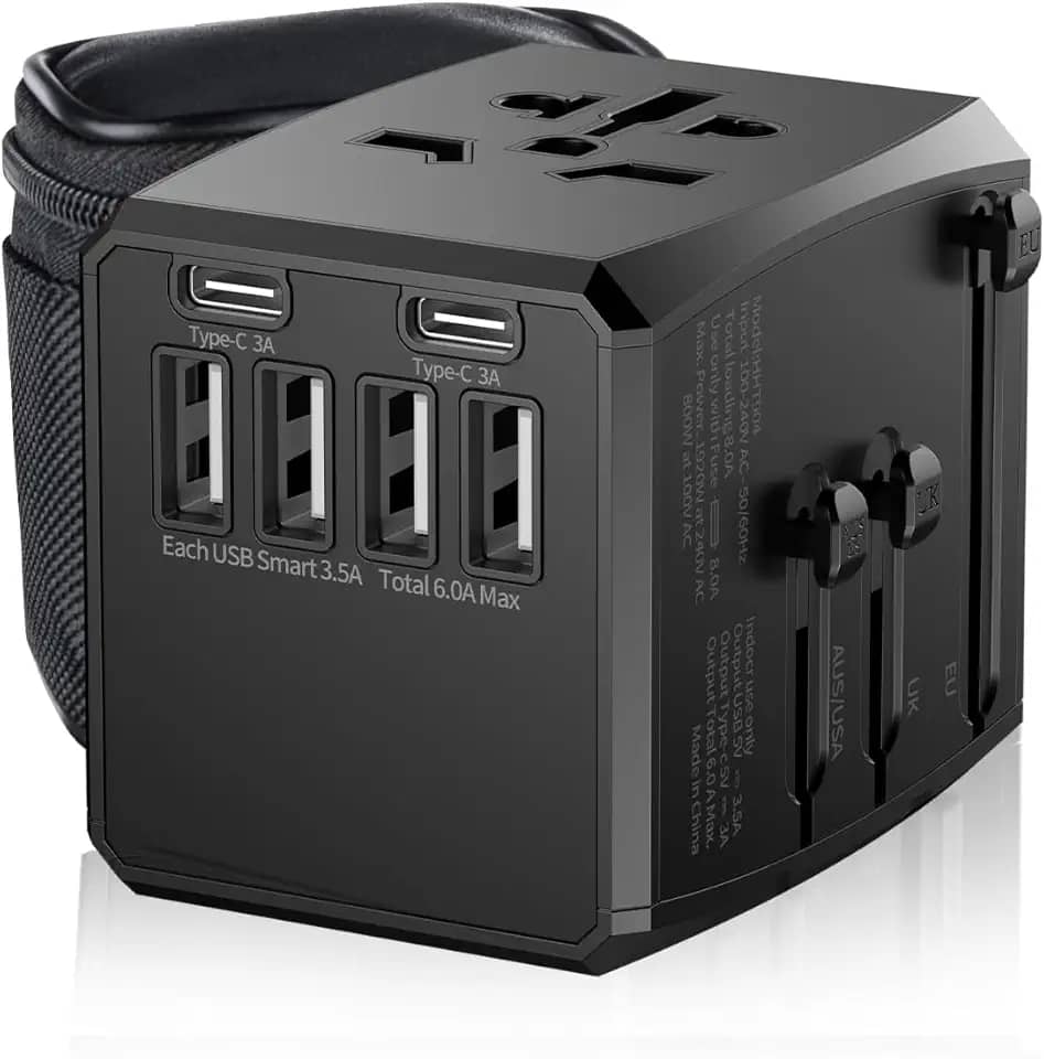 Carregador Universal com Adaptadores de Viagem, Adaptador de Tomada CA com Alimentação Inteligente de 6A 4 Portas USB A e 2 USB Tipo C de 3A para USA EU UK AUS(Bolsa de Viagem Incluída)