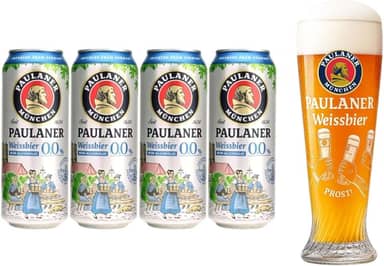 Kit 4 Cervejas Paulaner Weiss Zero Álcool Lata 500ml + Copo Prost
