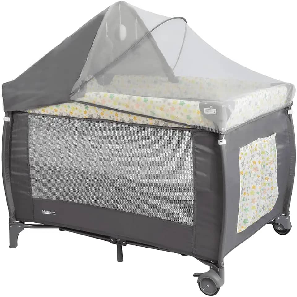 Berço Cercado Portátil com Mosquiteiro e Trocador Preto/Estrelas até 18Kg Multmaxx