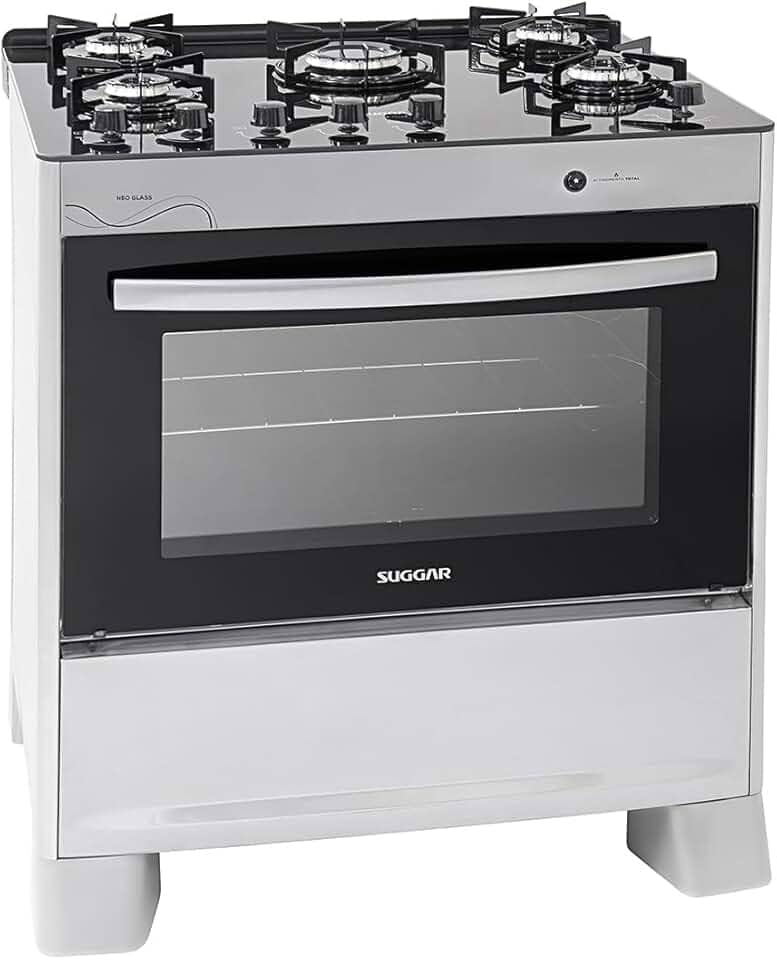SUGGAR FOGÃO NEO GLASS PRATA MESA DE VIDRO 5 BOCAS TREMPE 6 APOIOS ACENDIMENTO AUTOMÁTICO FGVNG510PRIX