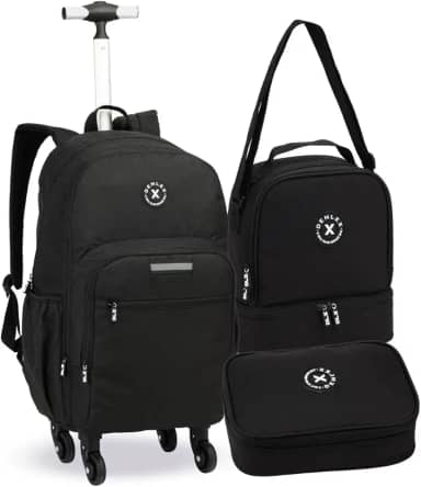 Kit Mochila Masculina Escolar Juvenil com 4 Rodinhas 360, Lancheira Térmica Adolescente e Mega Estojo, 3 Peças, Preto