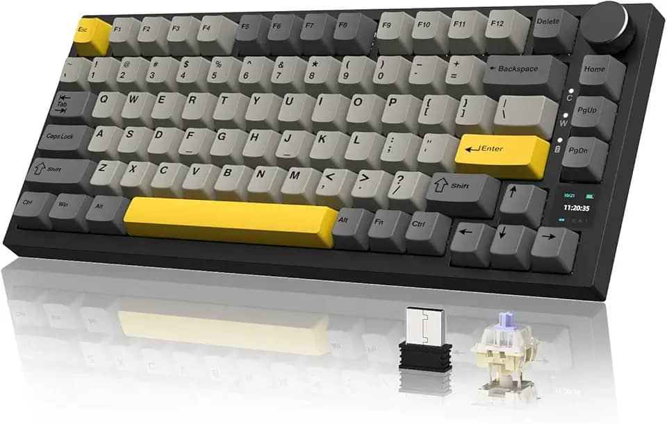 ATTACK SHARK ajazz AK820 Pro Teclado Mecânico Sem Fio TFT Display & Botão Hot Swappable Bluetooth 5.1/2.4G hz/Tipo-C Junta-Montado RGB Backlit Teclado Personalizado para PC/Win (Preto/Presente Switch)