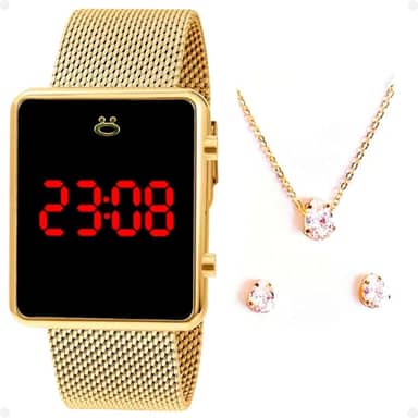 Relogio Feminino Digital Dourado Quadrado Original Casual com Caixa Presente Romantico Conjunto Joias Brincos e Colar Ponto Luz Folhados Ouro 18k Social Festa Trabalho