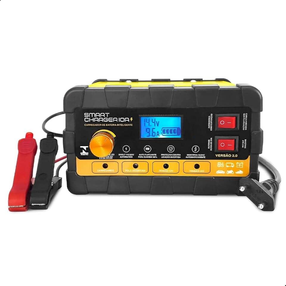 Carregador de Bateria Automotivo Smart Charger 10A Digital 12V 24V Voltímetro Amperímetro Indicador Carga