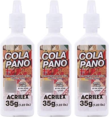 Bisnaga Super Cola Pano Acrilex 35g – Kit com 3 Unidades – Fixação Forte para Tecidos, Ideal para Artesanato, Patchwork, Roupas e Projetos DIY