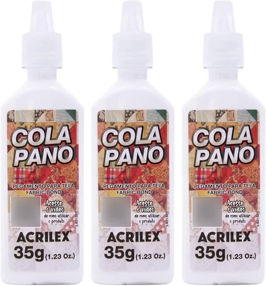 Bisnaga Super Cola Pano Acrilex 35g – Kit com 3 Unidades – Fixação Forte para Tecidos, Ideal para Artesanato, Patchwork, Roupas e Projetos DIY