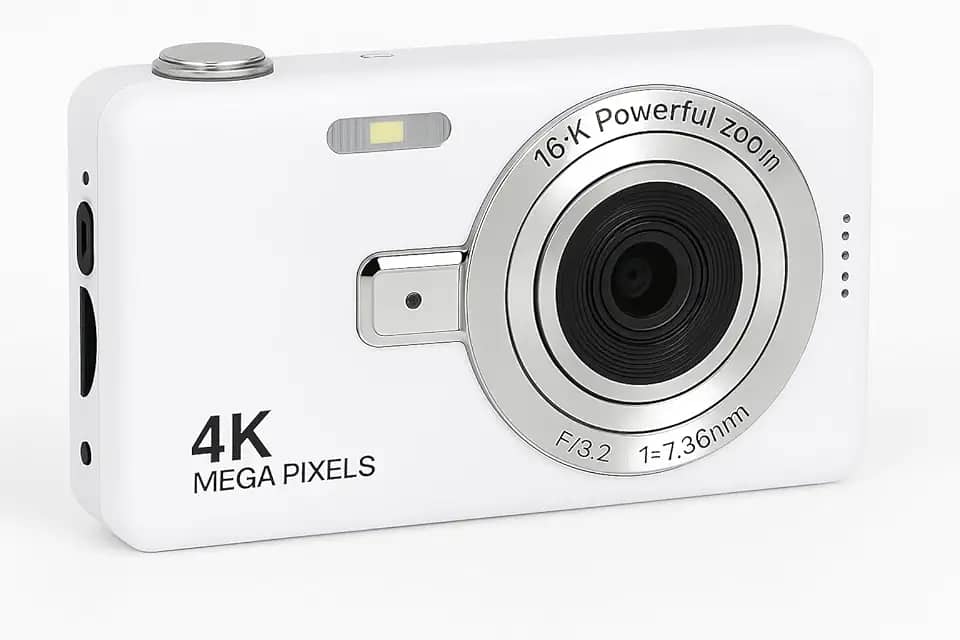 Câmera Digital 4K HD Portátil 50MP com Zoom 16x e Tela 2.4” | Foco Automático, Anti-Vibração e Flash Integrado | Câmera Compacta para Fotos, Vídeos, Vlogs e Viagens (Branco)