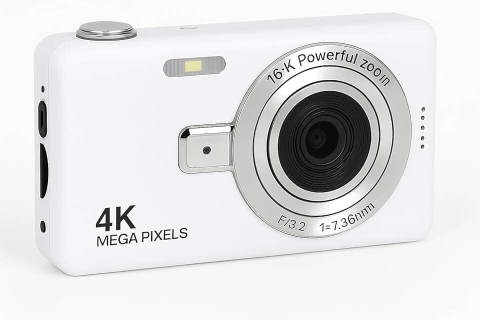 Câmera Digital 4K HD Portátil 50MP com Zoom 16x e Tela 2.4” | Foco Automático, Anti-Vibração e Flash Integrado | Câmera Compacta para Fotos, Vídeos, Vlogs e Viagens (Branco)