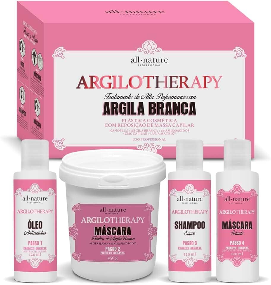 Kit Argilotherapy Argila Branca All Nature com Shampoo, Máscara, Óleo Multifuncional e Máscara Sólida, 810ml