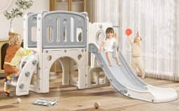 Escorrega, Parquinho, Escorregador 3 Degraus, Escorregador de Plástico, 7x1, Compacto E Fácil Montagem, com Escorregador, Cesta de Basquete, Escalada, Luneta
