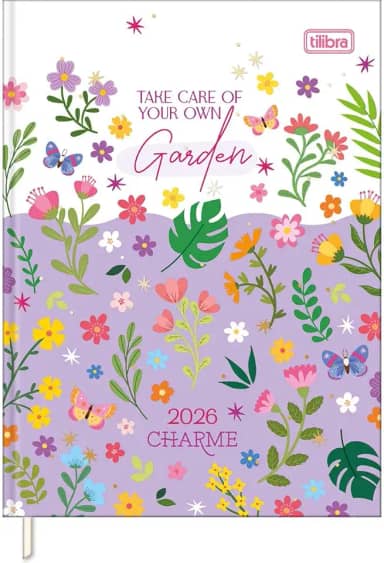 Tilibra - Agenda Costurada Diária 12,3 x 16,6 cm Charme 2026 - Flores fundo branco e roxo