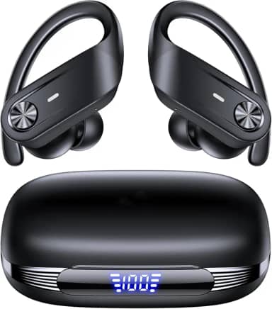 Fones de ouvido sem fio Bluetooth, à prova d'água IPX7, display LED de energia, fones de ouvido esportivos com gancho de orelha e microfone, até 80 horas de reprodução