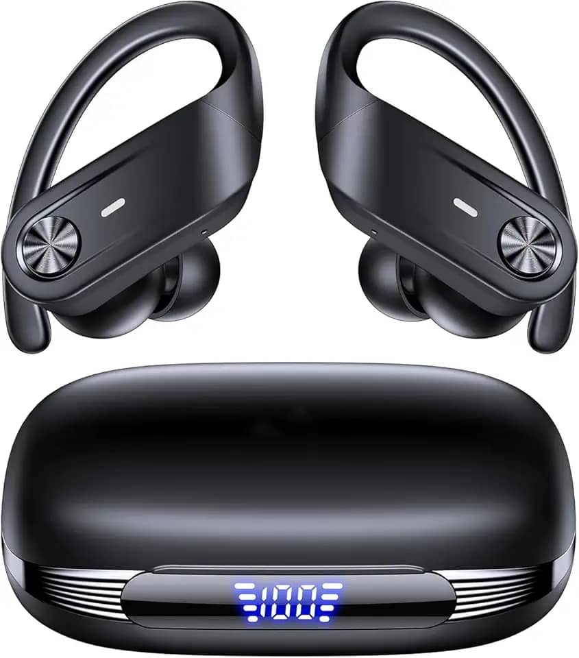 Fones de ouvido sem fio Bluetooth, à prova d'água IPX7, display LED de energia, fones de ouvido esportivos com gancho de orelha e microfone, até 80 horas de reprodução