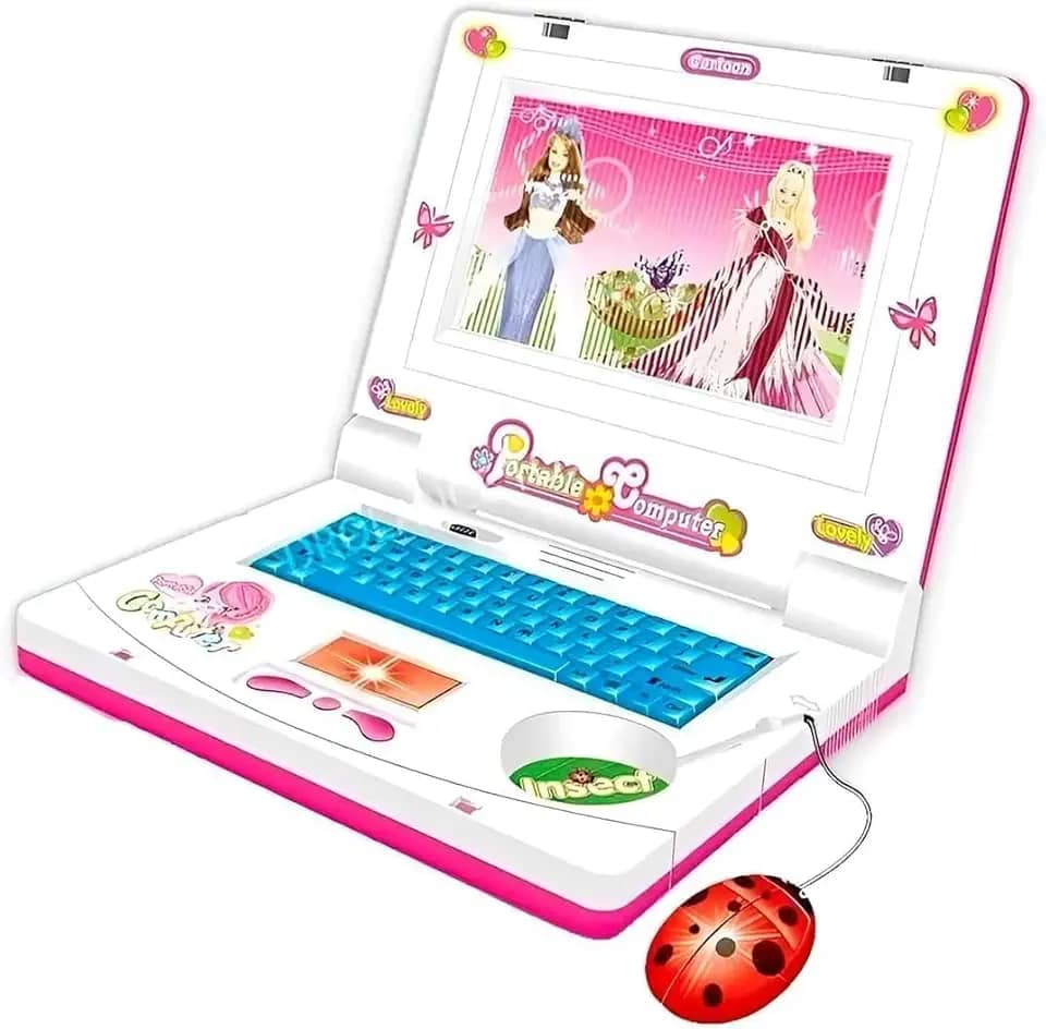 Laptop Infantil de Brinquedo com Mouse, Tela Colorida, Tema Princesas, Rosa e Branco