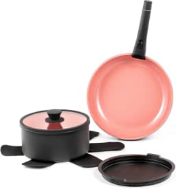 RD ROYDX Conjunto De 6 Panelas E Frigideiras Com Revestimento Titânio, Antiaderente, Cerâmica, Alça Removível, Para Cozinha Trailers, Alças Removíveis, Próprio Forno Lava-Louças, Pronto Indução, Sem