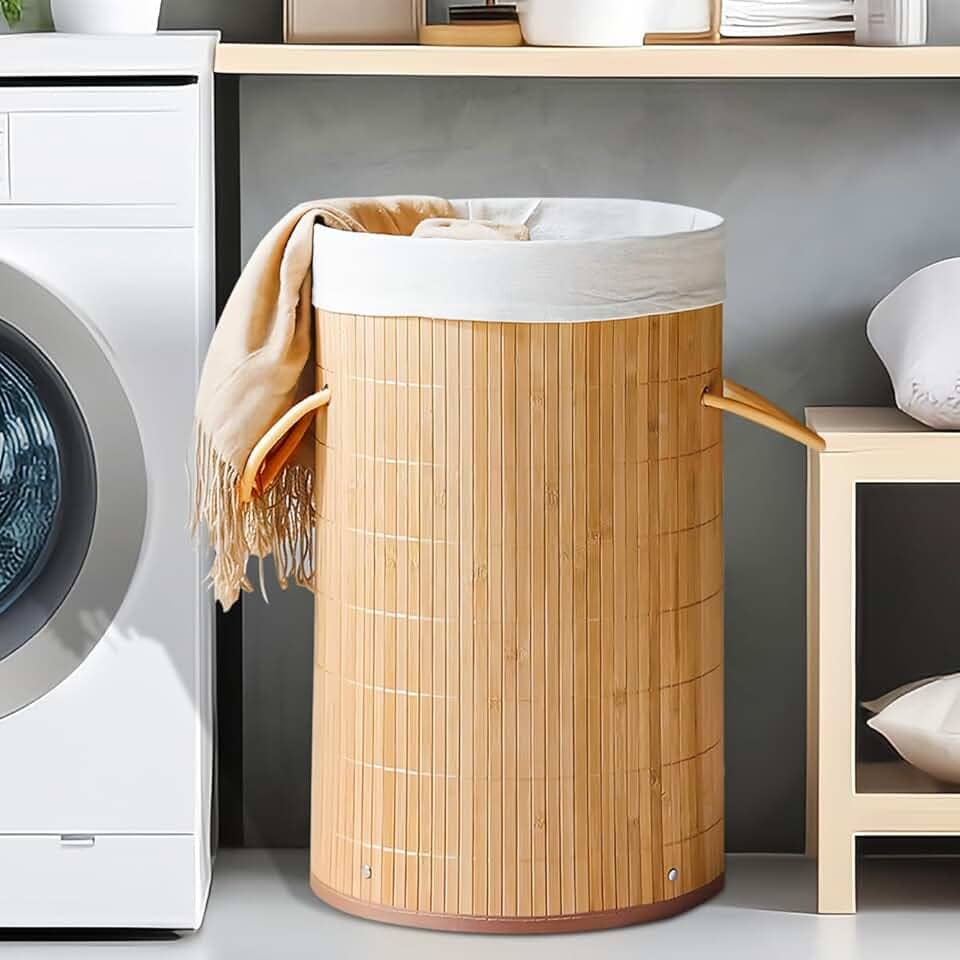 Cesto de Bambu Claro com Tampa para Roupas Sujas. Ideal para Lavanderia, Área de Serviço, Banheiro e Quarto. Forro Removível com Aro de Aço para Fixação, Dobrável, Alça de Corda Macia