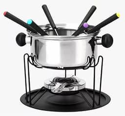 Kit Fondue 11 Peças, Panela em Inox 22cm com Base Giratória, 6 Garfos Coloridos, Suporte e Queimador