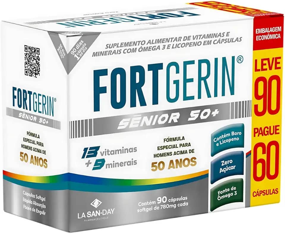 Fortgerin Senior 50+ (Leve 90 Pague 60 Cápsulas) - 13 Vitaminas e 9 minerais, Fórmula especial para homens acima de 50 anos. Contém Boro e Licopeno
