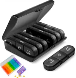 Organizador de Medicamentos Semanal, 7 Dias, 3 Compartimentos Diários, Estojo Portátil de Acrílico - EM PORTUGUÊS (cores sortidas: todo preto ou colorido)