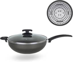 Panela Frigideira Wok Fundo de Indução 4,5L Alumínio Revestimento Antiaderente Tampa de Vidro Fogão Indução Dona Chefa